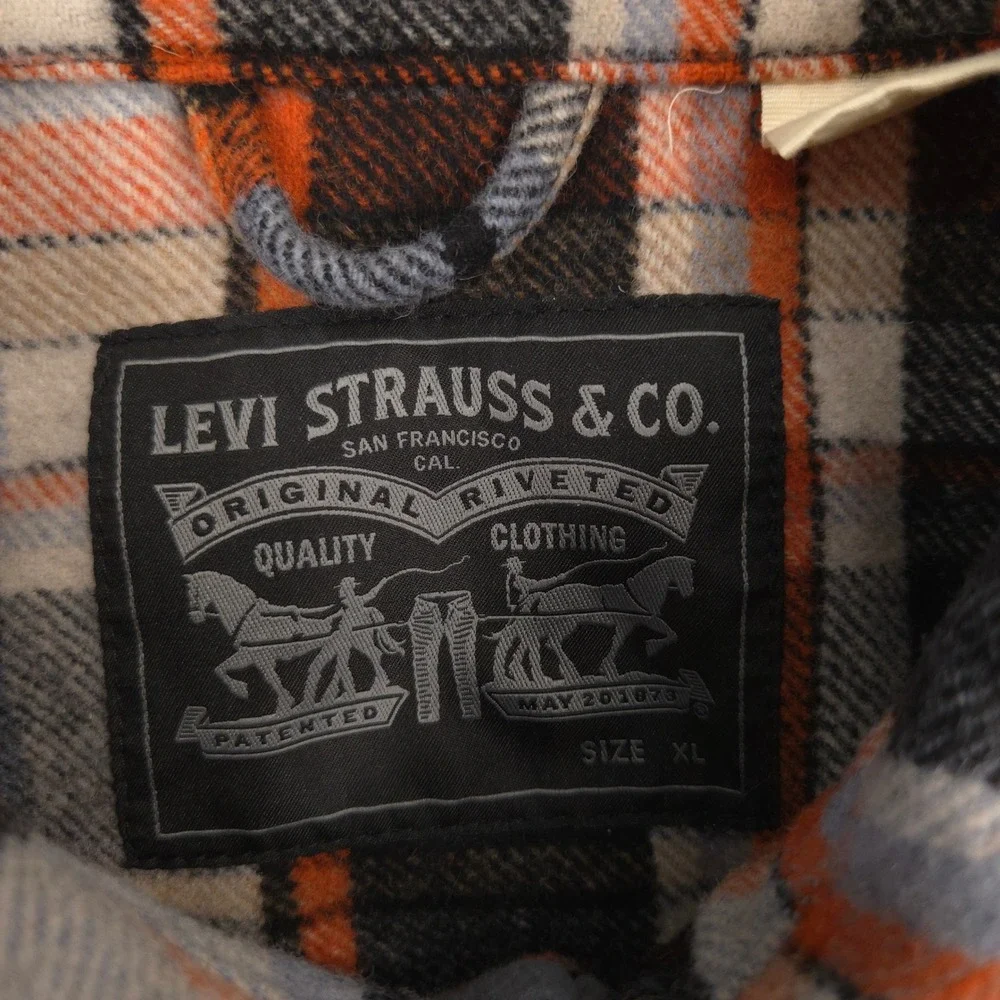 Levis Flannel‎ Shirt Jacket Mens XL Orange Plaid Wool Blend Oversized Shacket
